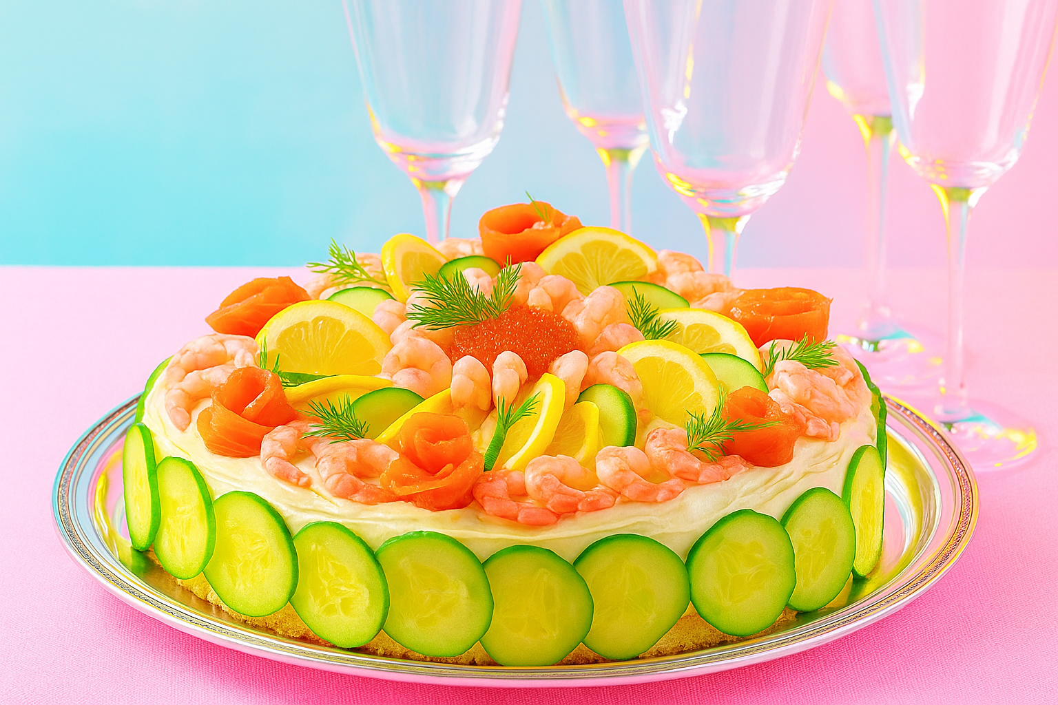 Smörgåstårta med lax och skaldjur